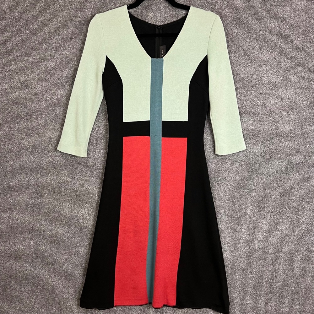 St. John Knit Dress Womens 2 Multicolor Good Colorblock 3/4 Sleeve V-Neck Knee